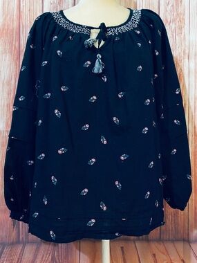 Women’s XL Boho Tassel Peasant Blouse Black Floral 3/4 Sleeves Old Navy Cotton
